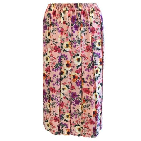 PLEATED MIDI SHORT SKIRT PINK FLORAL CLASSIC VINTAGE DESIGN WITH FULL ELASTIC, 27" LENGTH
